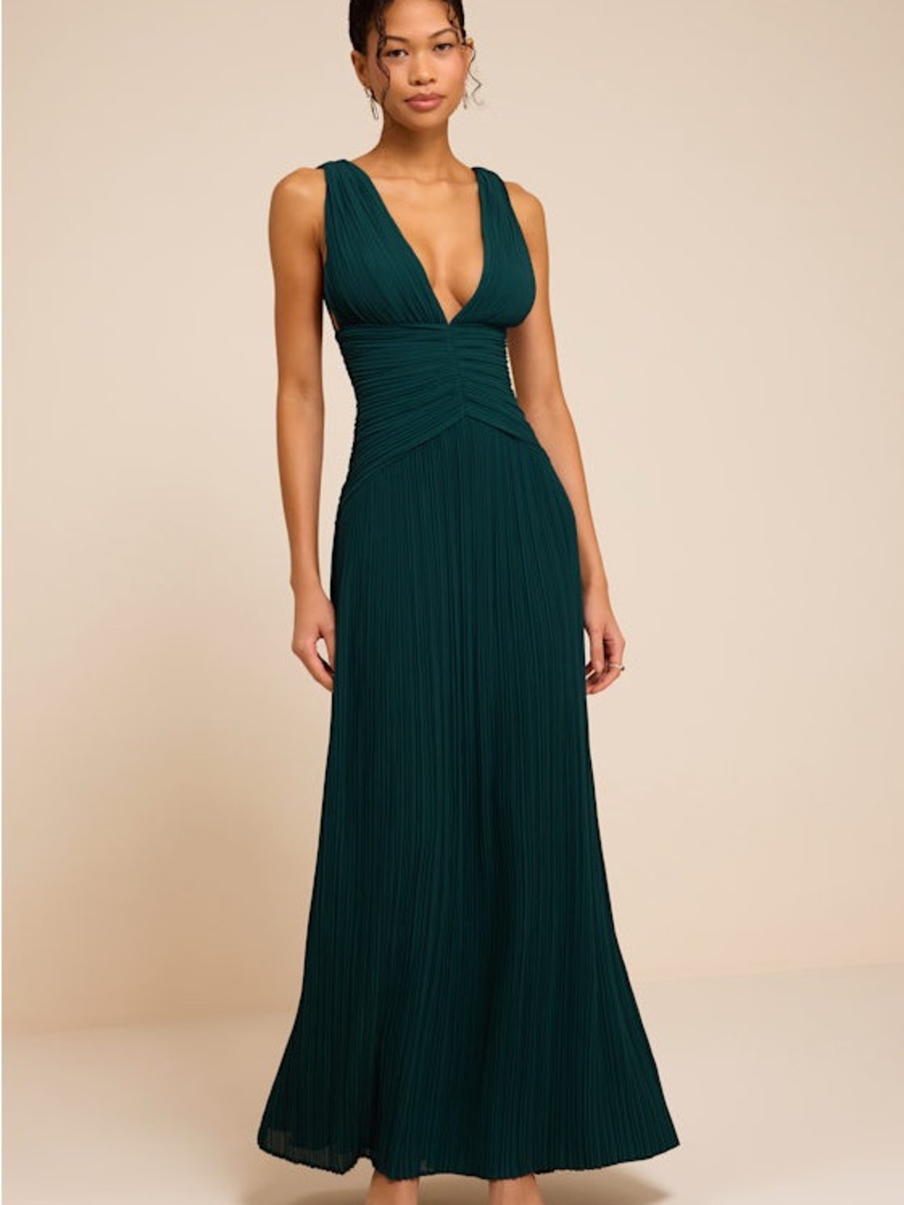 Lulu's Teal Plunging V-Neck Pleated Maxi Dress